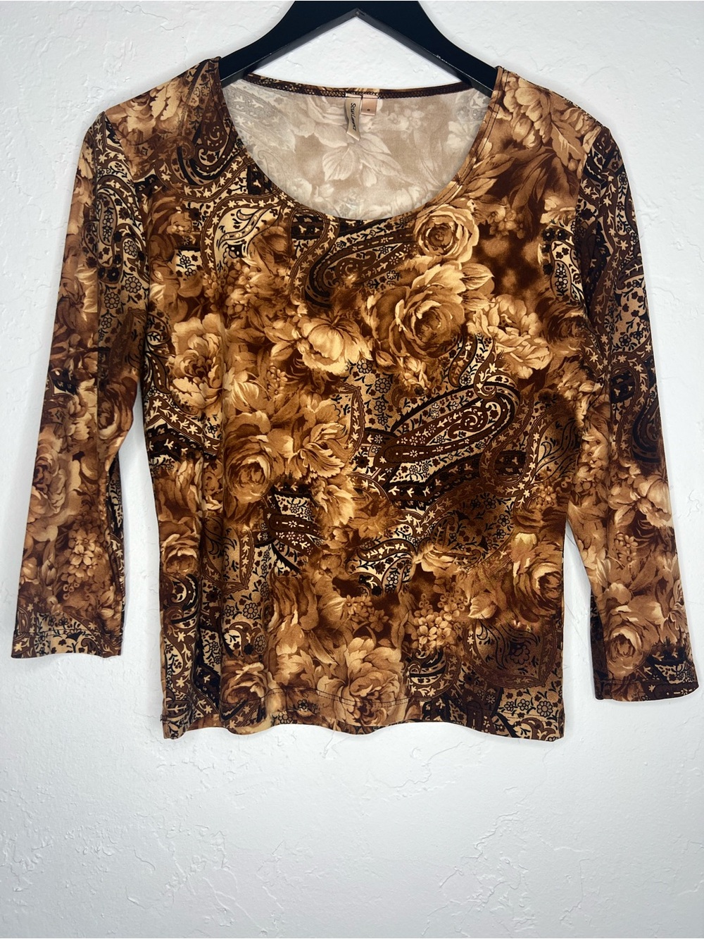 Y2K Brown Paisley Floral Stretch Top 3/4 Sleeve Whimsigoth Boho Small Moody Dark